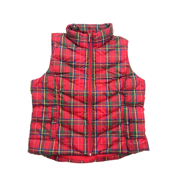 Lands End Goose-Down Full-Zip Vest Women's XL Red Green Plaid Quilted Pockets - Picture 1 of 11